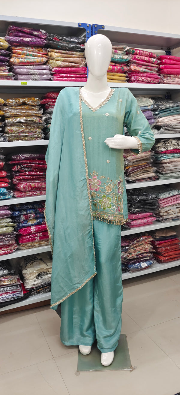 Sea Green Embroidered Palazzo Suit with Dupatta – Elegant Festive Wear