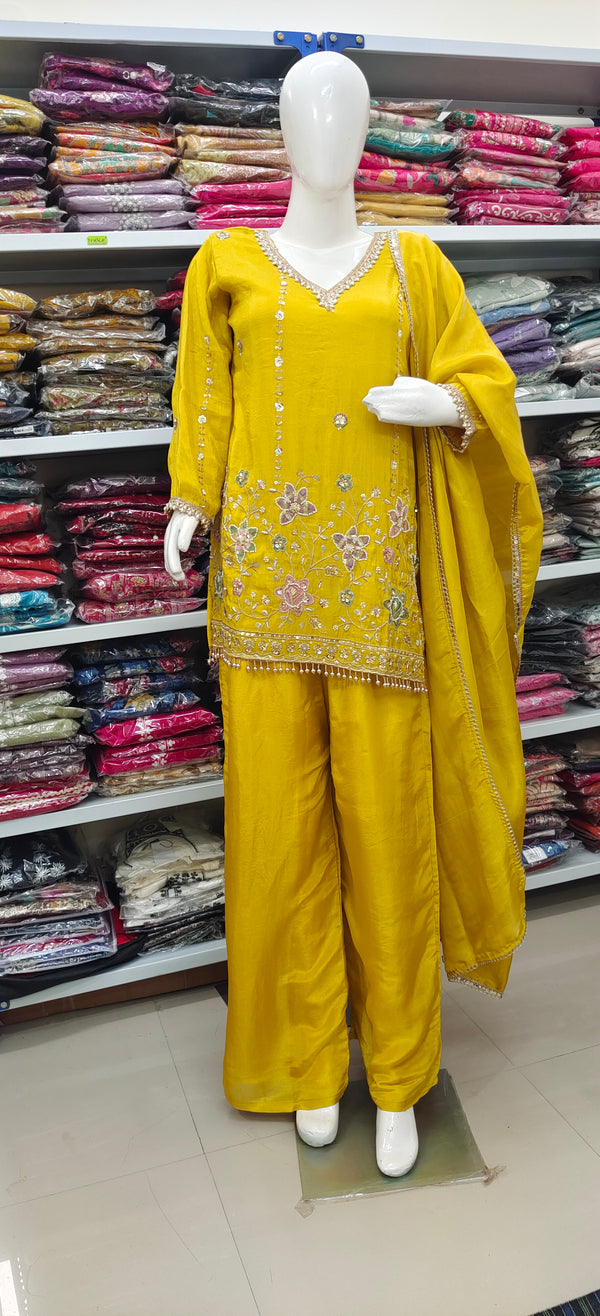 Bright Yellow Embroidered Palazzo Suit with Dupatta – Festive & Party Wear