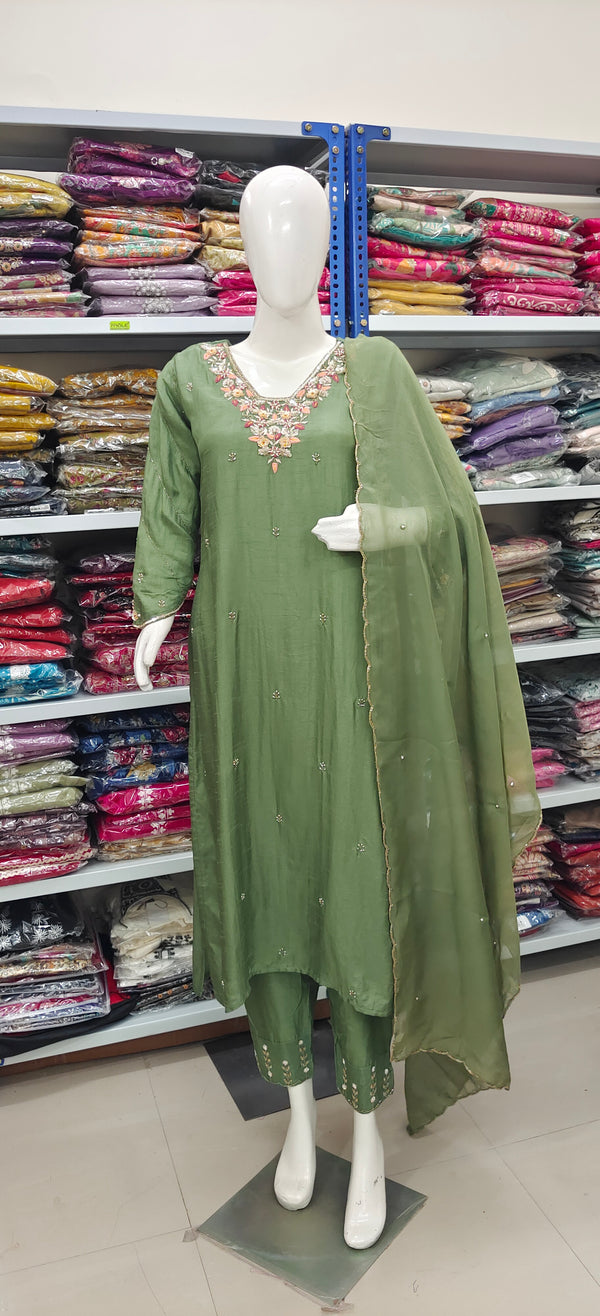 Elegant Green Embroidered Suit Set with Dupatta – Festive & Party Wear