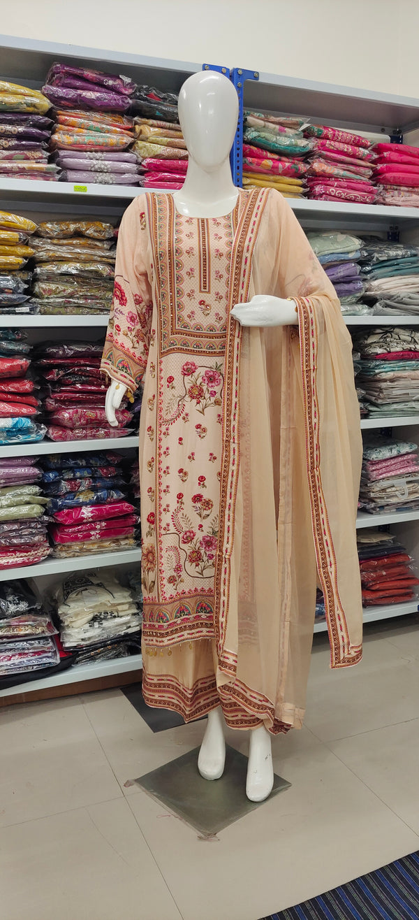 Beige Floral Embroidered Suit Set with Dupatta – Elegant Ethnic Wear