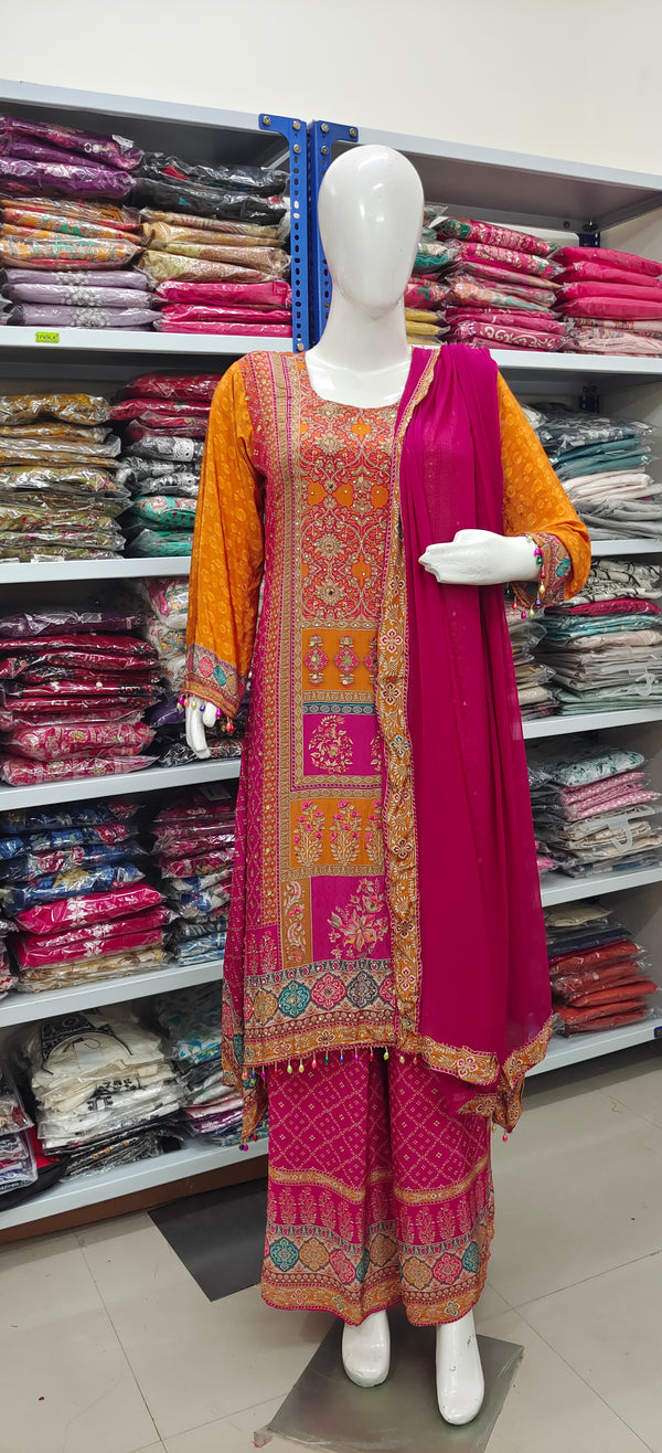 Orange & Magenta Contrast Printed Suit Set with Dupatta – Festive & Party Wear
