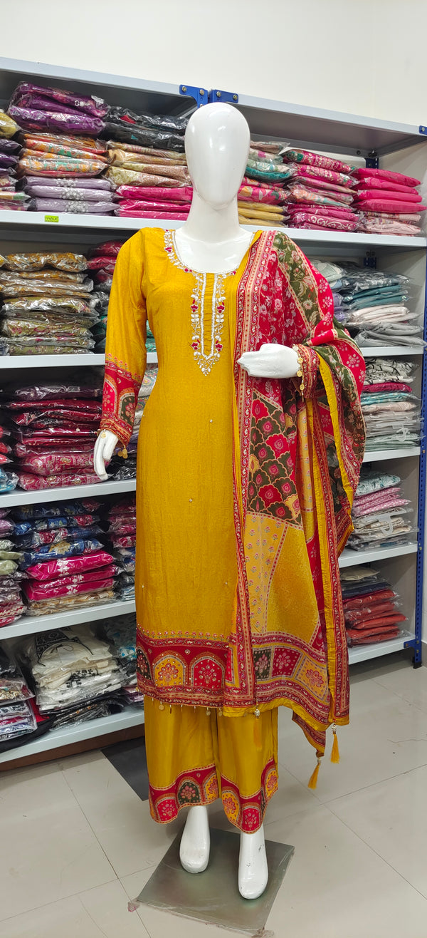 Mustard Yellow & Red Printed Suit Set with Dupatta – Festive & Ethnic Wear