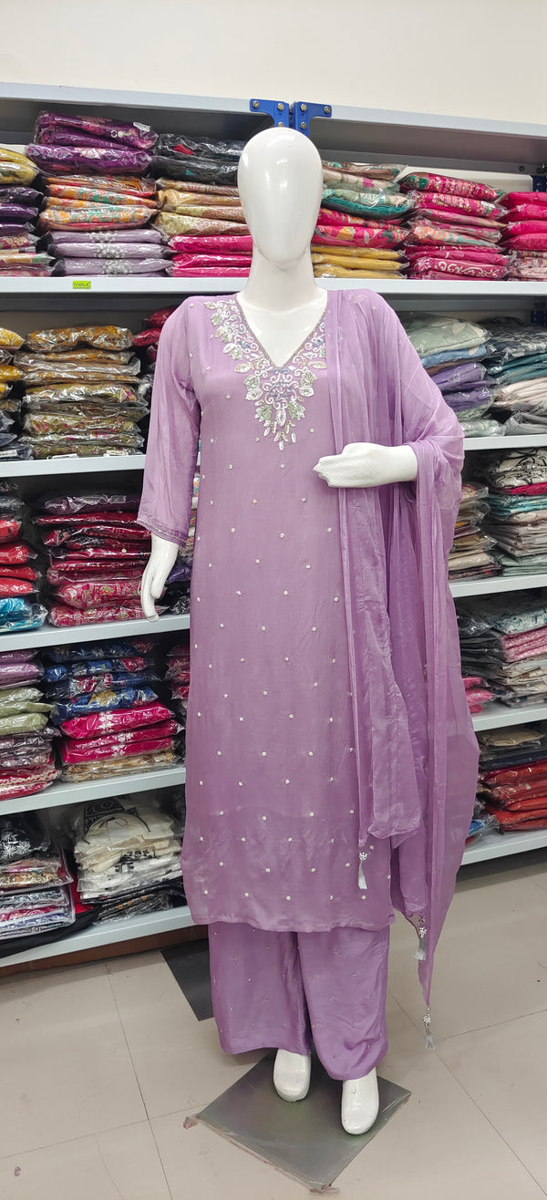 Lavender Embroidered Suit Set with Dupatta – Elegant Festive Wear
