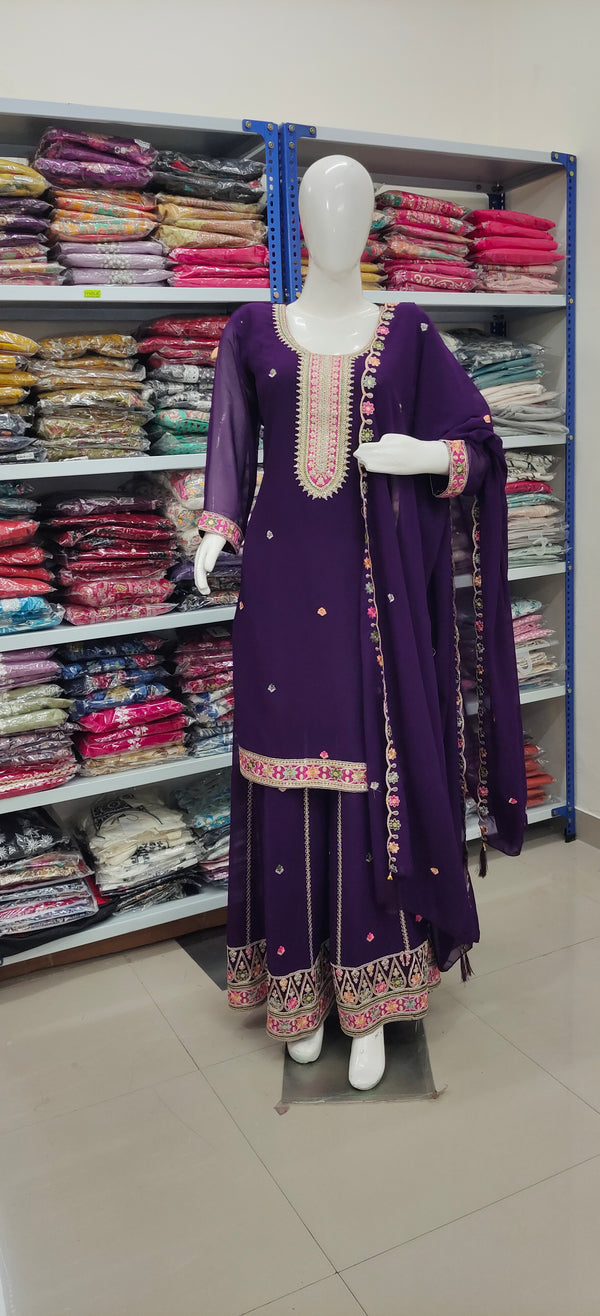 Deep Purple Embroidered Palazzo Suit Set with Dupatta – Festive & Wedding Wear