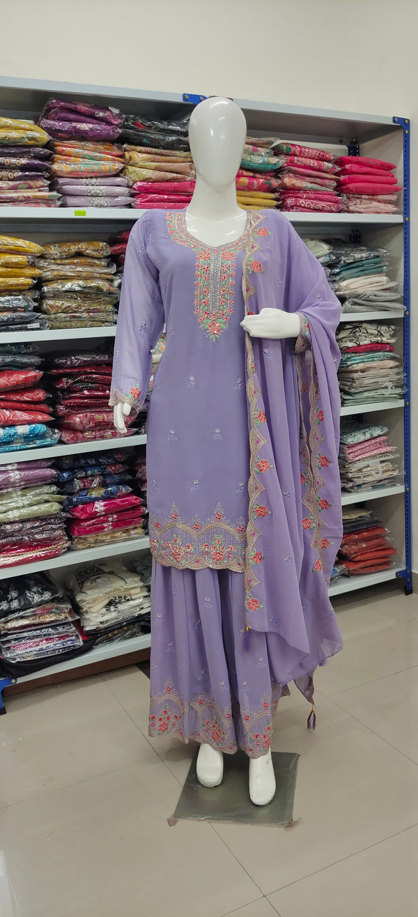 Lavender Embroidered Palazzo Suit Set with Dupatta – Festive & Wedding Wear