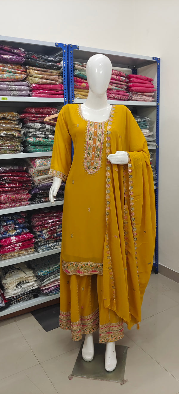 Mustard Embroidered Palazzo Suit Set with Dupatta – Festive & Wedding Wear