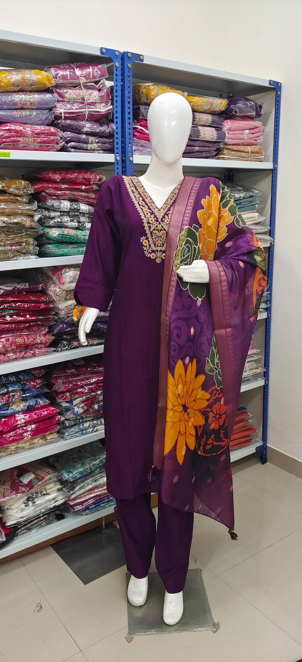 Plum Purple Embroidered Kurta Set with Floral Dupatta