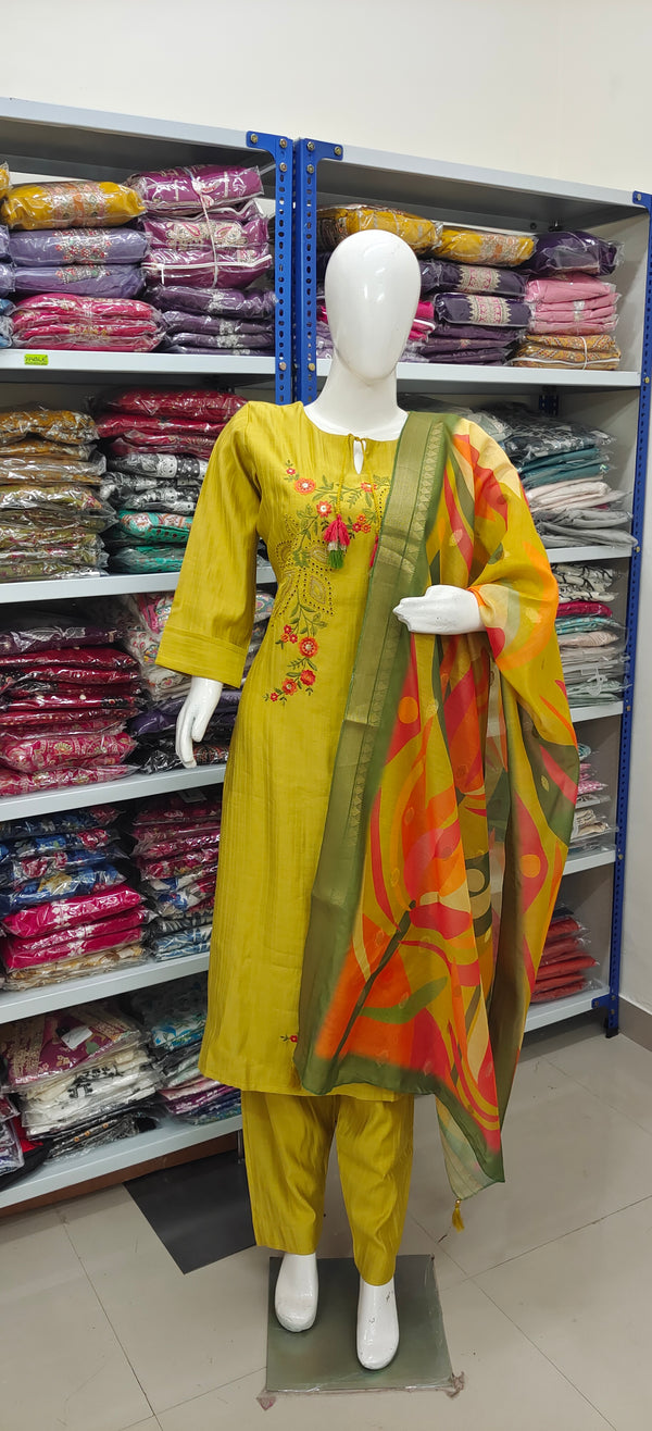Olive Green Embroidered Kurta Set with Printed Dupatta