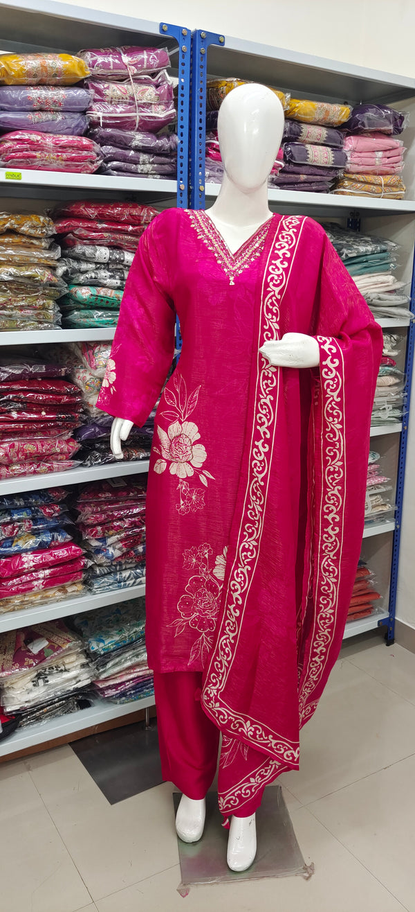 Fuchsia Pink Embroidered Kurta Set with Dupatta