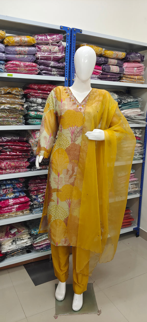 Mustard Yellow Tree Print Kurta Set with Dupatta