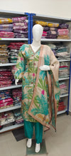 Beige & Green Tropical Printed Kurta Set with Dupatta