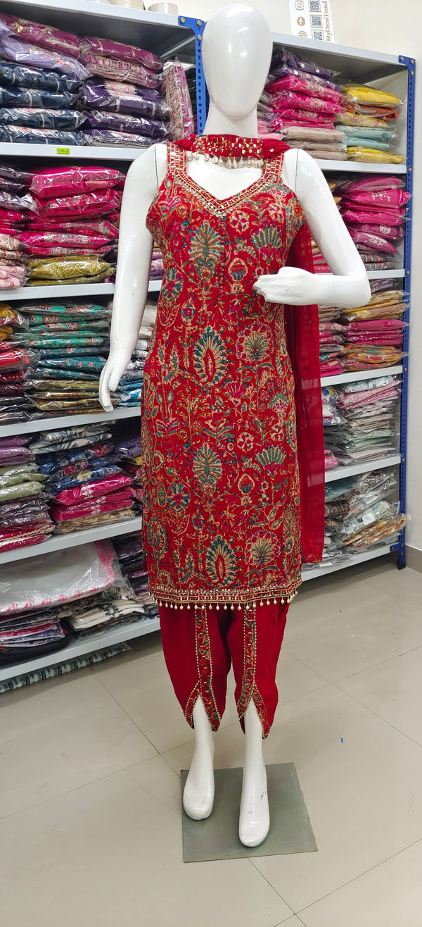 Red Embroidered Designer Suit with Pearl Detailing
