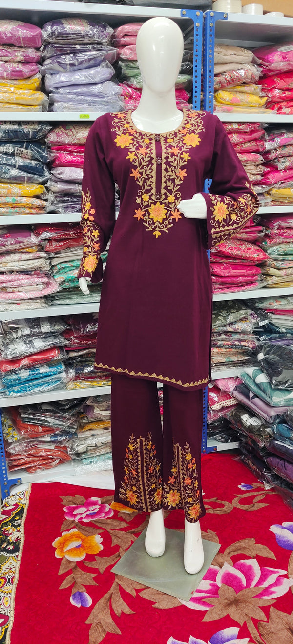Winter Embroidered Co-ord Set | Plum Gold Kashmiri Threadwork