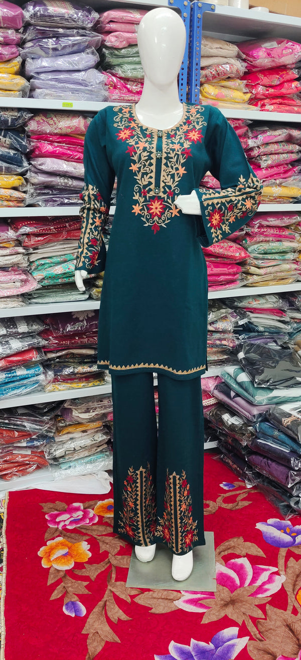 Emerald Bloom Embroidered Winter Co-ord Set | Kashmiri Floral Detailing