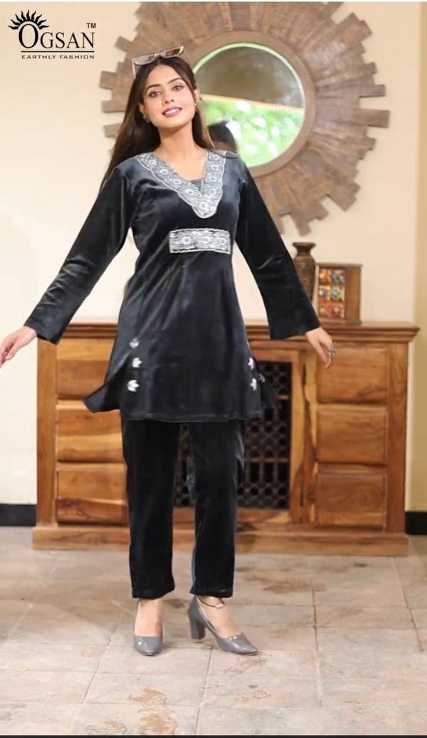 Winter Cord Set | Velvet Noir Embroidered Co-ord