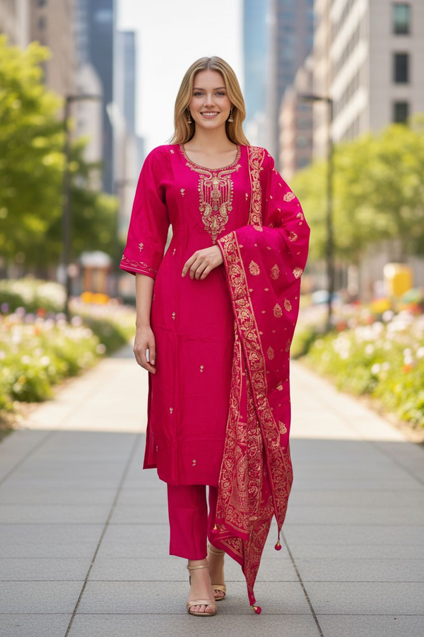 Dark Pink Embroidered Suit with Golden Dupatta – Festive & Wedding Wear