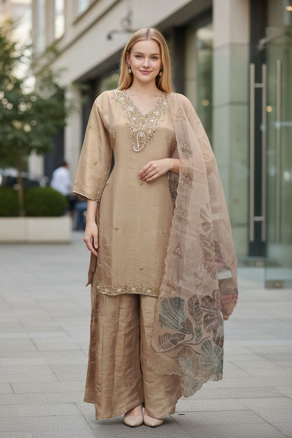 Beige Embroidered Suit with Dupatta – Elegant Party & Festive Wear