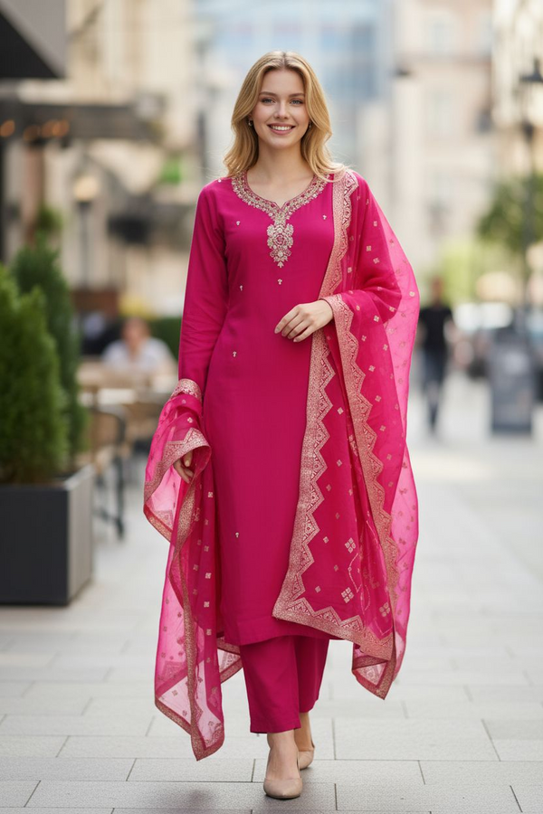 Rani Pink Embroidered Suit with Dupatta – Festive & Party Wear