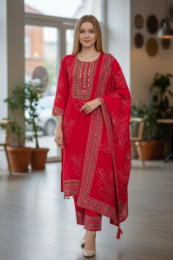 Red Embroidered Suit Set with Dupatta – Festive & Party Wear