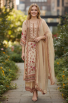 Beige Floral Embroidered Suit Set with Dupatta – Elegant Ethnic Wear