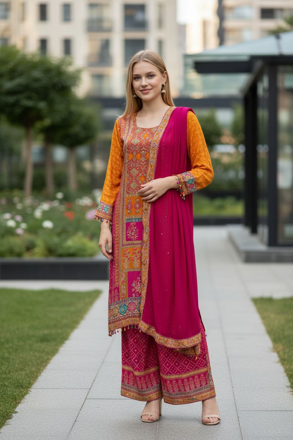 Orange & Magenta Contrast Printed Suit Set with Dupatta – Festive & Party Wear