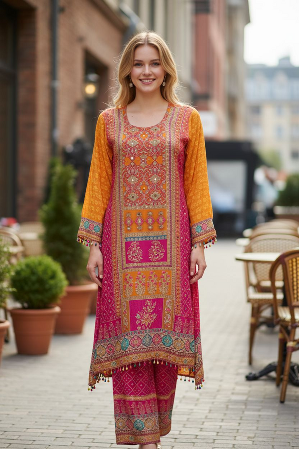 Orange & Magenta Contrast Printed Suit Set with Dupatta – Festive & Party Wear