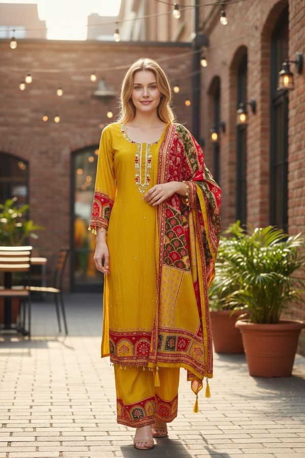 Mustard Yellow & Red Printed Suit Set with Dupatta – Festive & Ethnic Wear