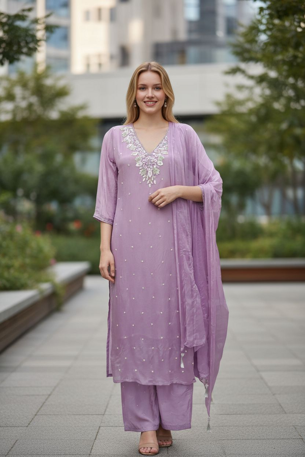 Lavender Embroidered Suit Set with Dupatta – Elegant Festive Wear