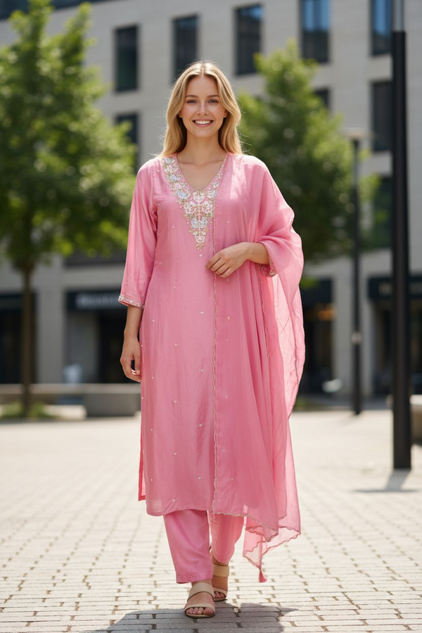 Pastel Pink Embroidered Suit Set with Dupatta – Elegant Festive Wear