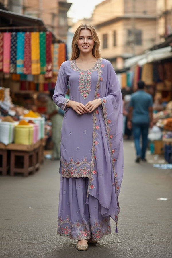 Lavender Embroidered Palazzo Suit Set with Dupatta – Festive & Wedding Wear
