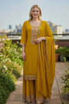 Mustard Embroidered Palazzo Suit Set with Dupatta – Festive & Wedding Wear