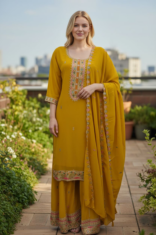 Mustard Embroidered Palazzo Suit Set with Dupatta – Festive & Wedding Wear