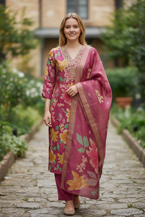 Wine Pink Floral Printed Suit Set with Dupatta – Elegant Festive Wear