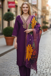 Plum Purple Embroidered Kurta Set with Floral Dupatta
