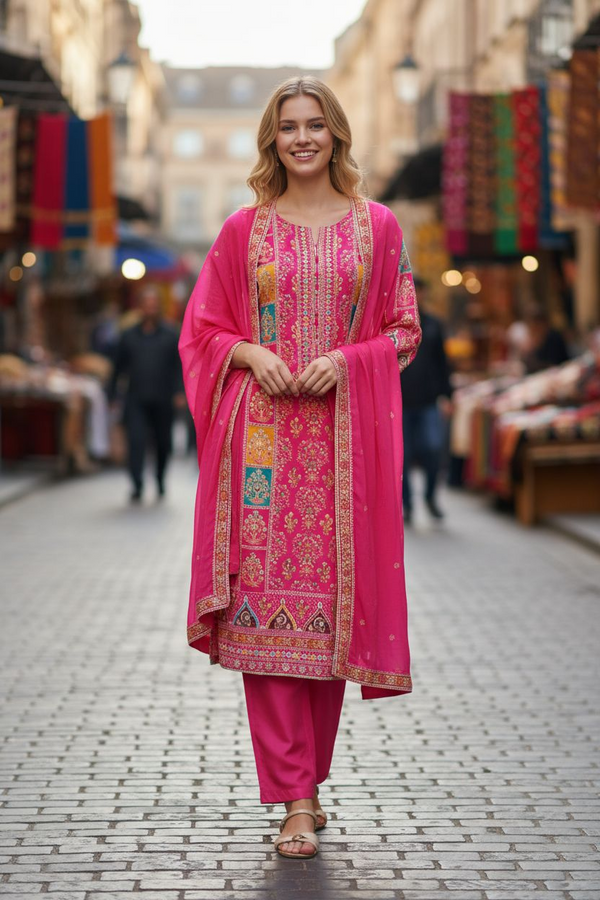 Rani Pink Multicolor Embroidered Kurta Set with Dupatta
