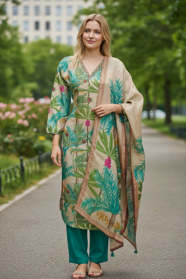 Beige & Green Tropical Printed Kurta Set with Dupatta