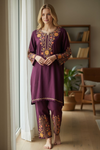 Winter Embroidered Co-ord Set | Plum Gold Kashmiri Threadwork