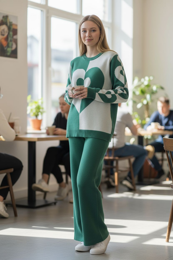 Winter Heart Pattern Knitted Co-Ord Set | Green & White Cozy Loungewear
