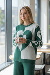 Winter Heart Pattern Knitted Co-Ord Set | Green & White Cozy Loungewear