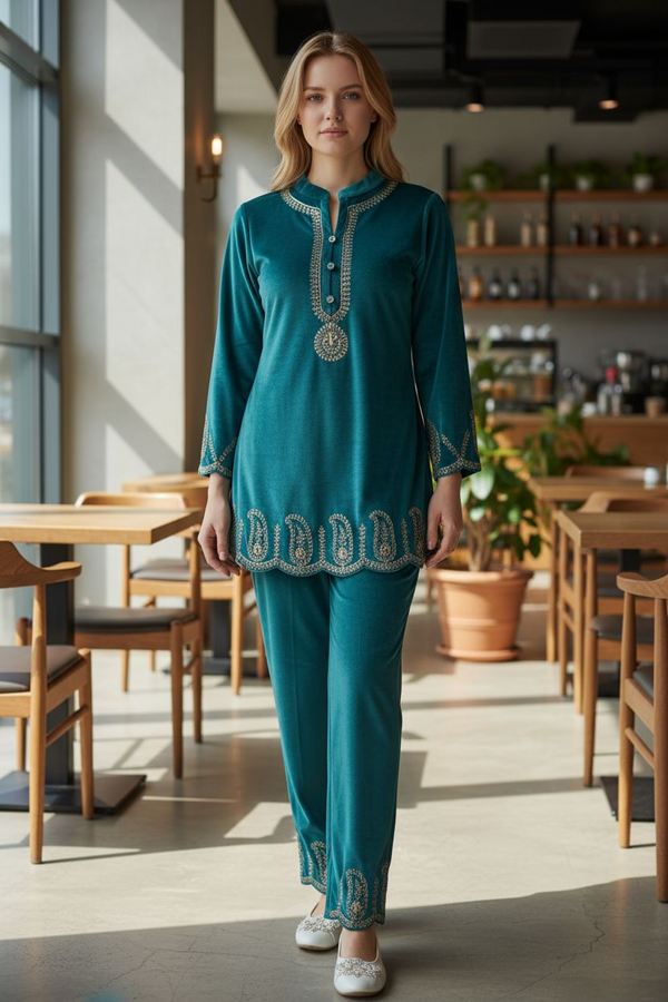 Winter Cord Set | Turquoise Grace Embroidered Co-ord