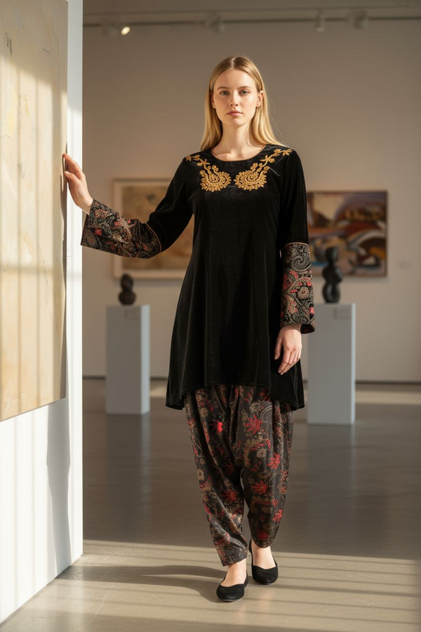 Velvet Dhoti Co-ord Set | Black & Gold Heritage Winter Edition