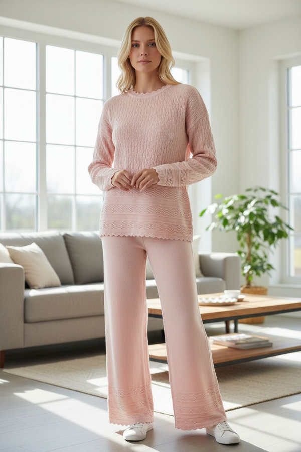 Winter Cozy Knit Co-ord Set | Peach Pink Cable Knit Design