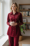 Wine Red Winter Embroidered Lounge Set | Premium Soft-Feel Night & Home Wear