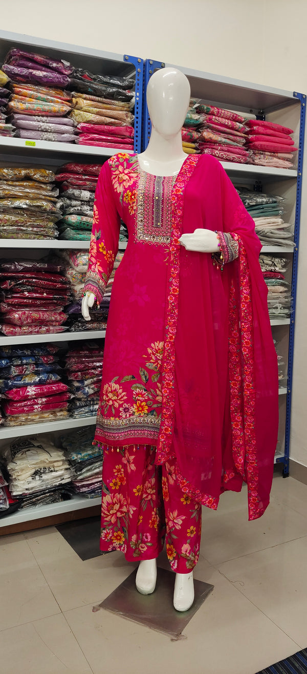 Rani Pink Floral Printed Suit Set with Dupatta – Festive & Party Wear