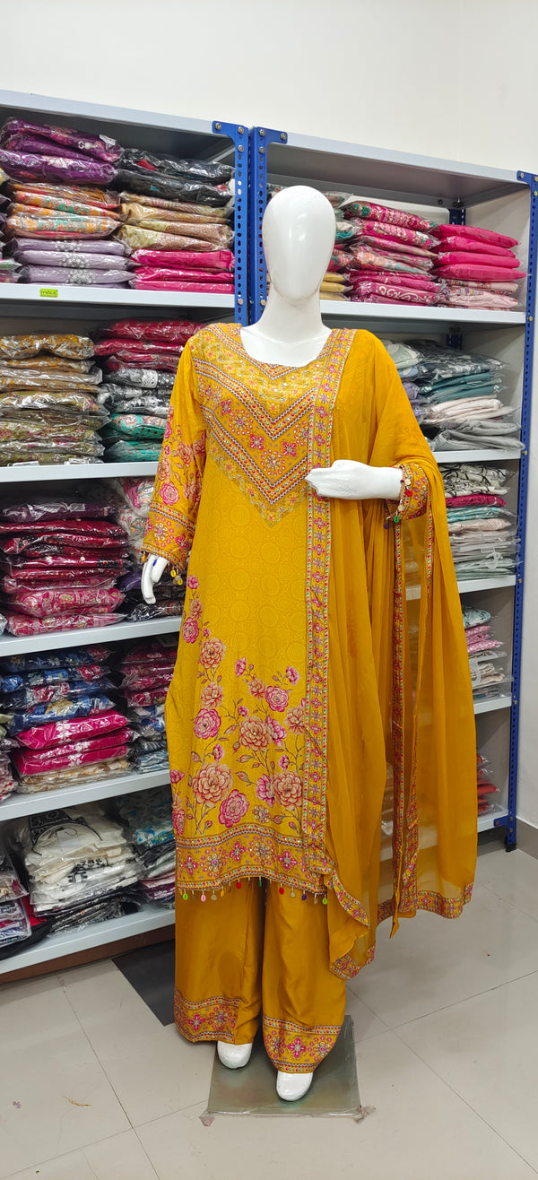 Mustard Yellow Floral Embroidered Suit Set with Dupatta – Festive & Party Wear