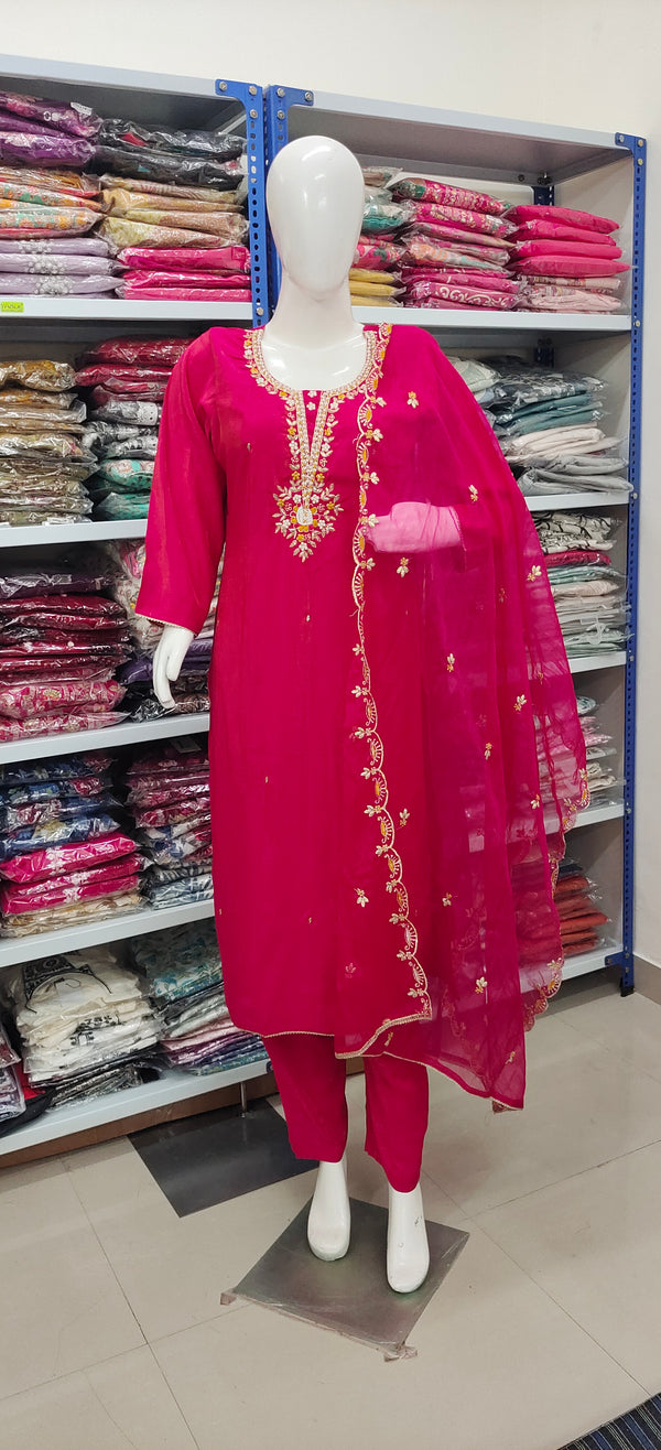 Rani Pink Embroidered Suit Set with Dupatta – Festive & Party Wear