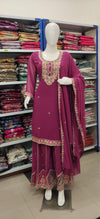 Wine Maroon Embroidered Palazzo Suit Set with Dupatta – Festive & Wedding Wear