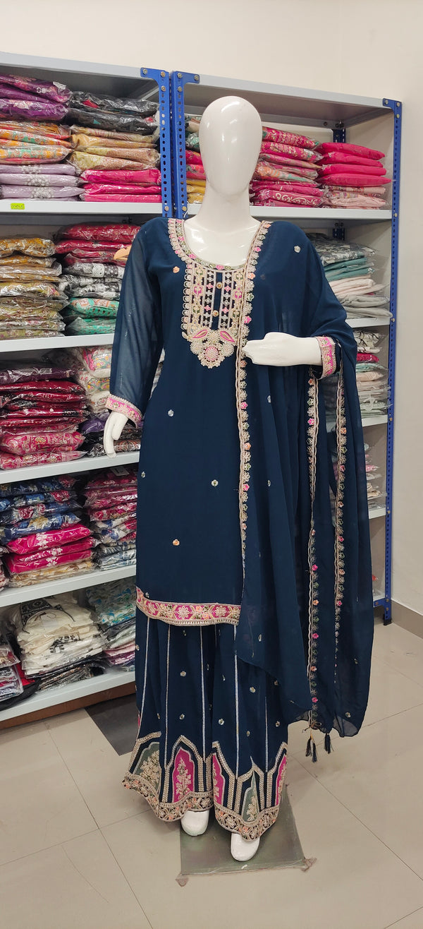 Navy Blue Embroidered Palazzo Suit Set with Dupatta – Festive & Wedding Wear
