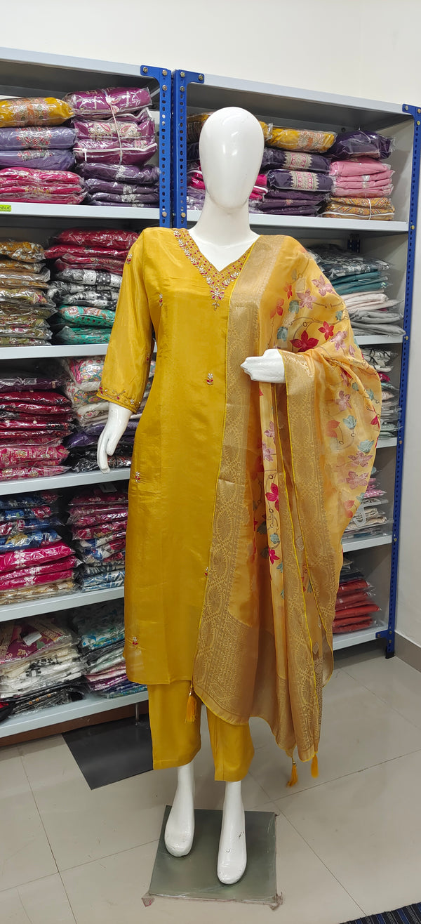 Mustard Golden Embroidered Suit Set with Organza Dupatta – Festive & Wedding Wear