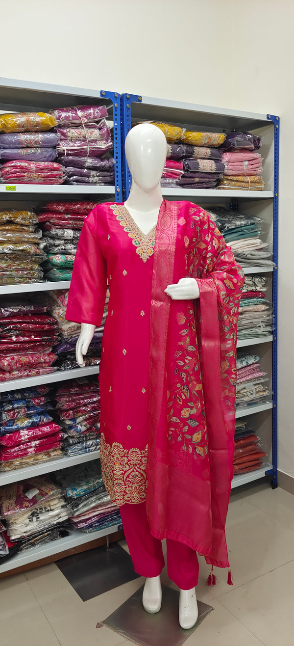 Pink Embroidered Suit Set with Banarasi Dupatta – Festive & Wedding Wear